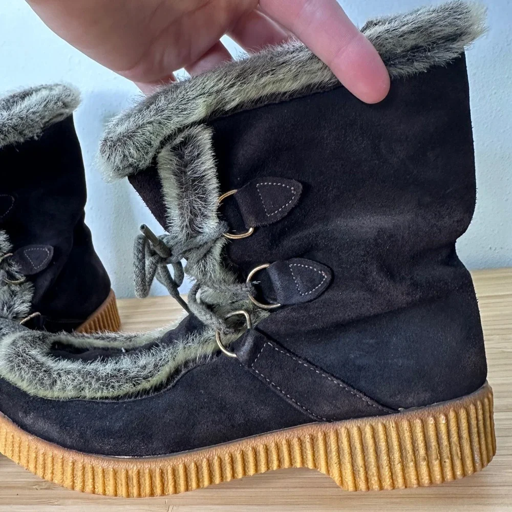 Vintage 70s JCPenneys Snow Boots Womens 7 Brown Suede Fur Trim Lace Up Ski Apres